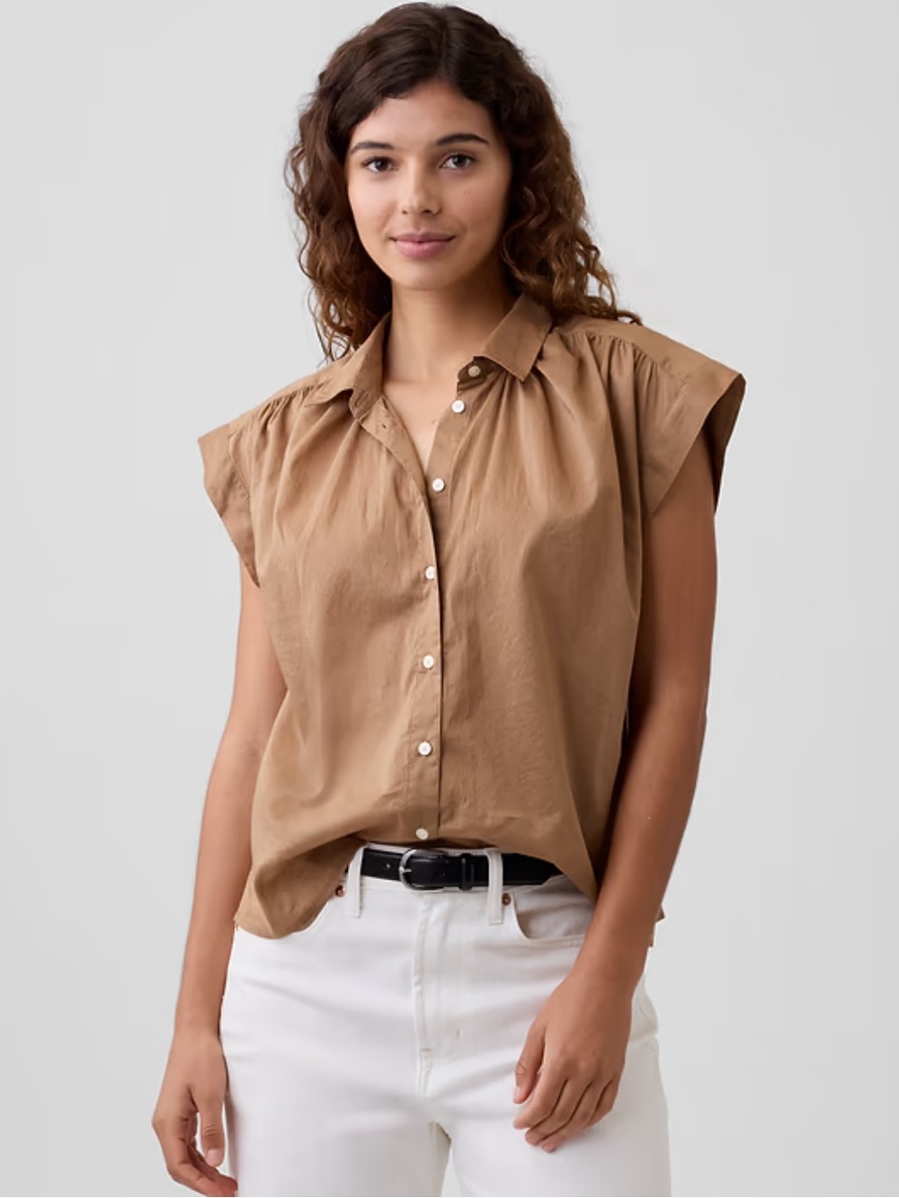 GAP Tan Cap-Sleeve Button Down Shirt